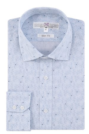 Pure Cotton, Button Cuff, Slim Fit - Hexagon Blue Check